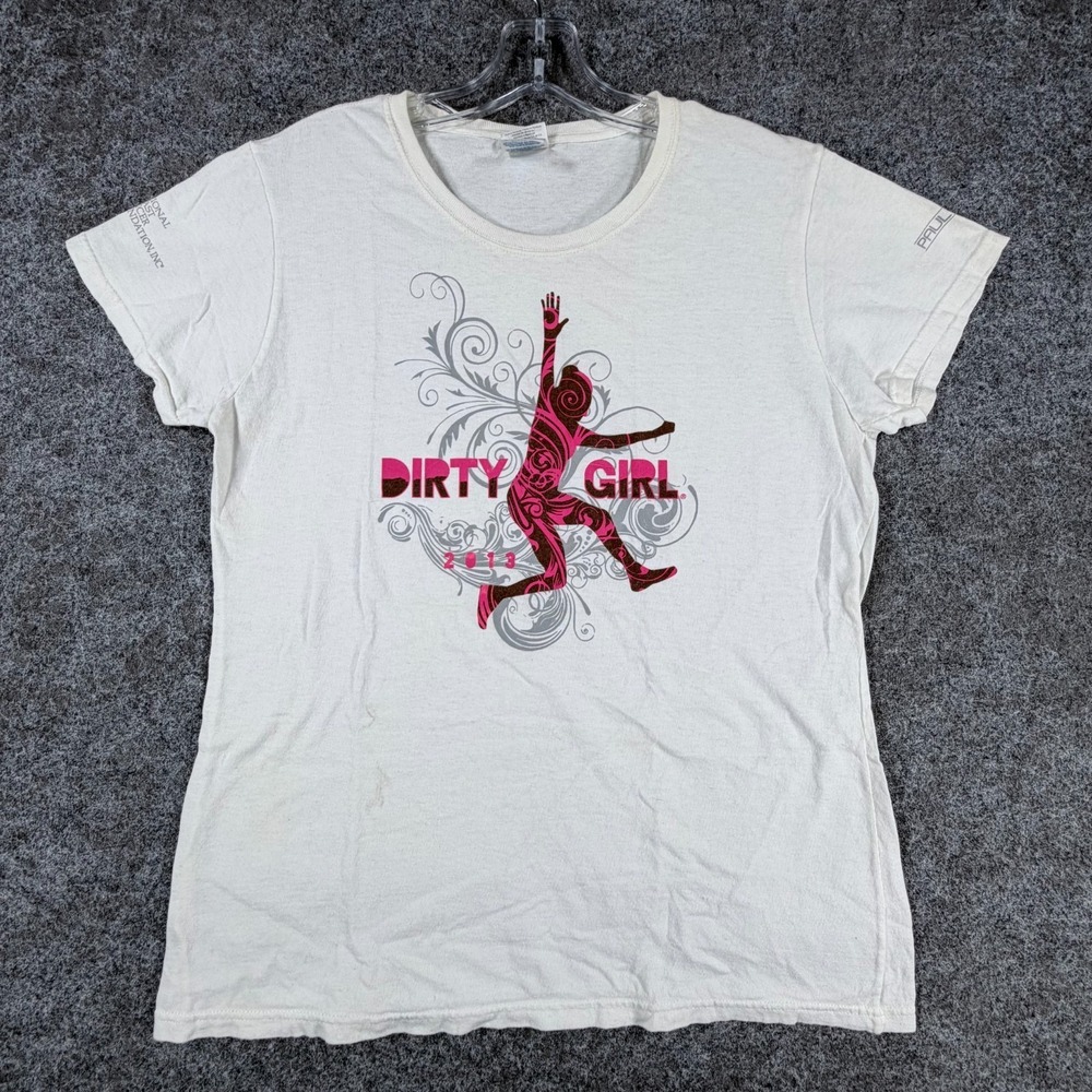 Gildan Graphic T-Shirt Womens L White Paul Mitchell Dirty Girl 2013 Cancer Event